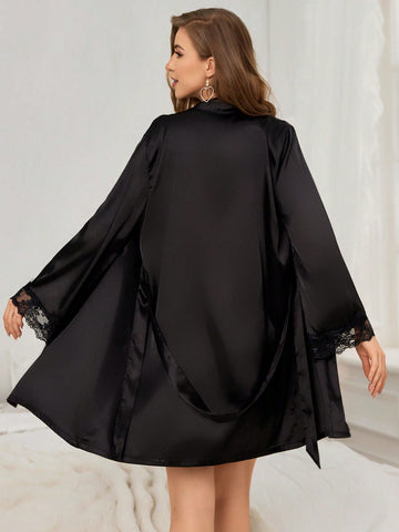 Ladies' Solid Color Sleepwear Set Pajama Set With Lace Patchwork