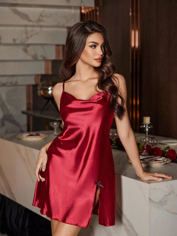 Sexy Satin Draped Spaghetti Strap Nightgown With Thigh Slit