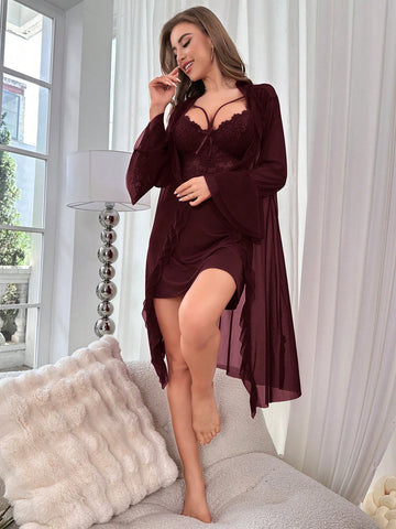 Elegant & Sexy Solid Color Lace Patchwork Spaghetti Strap Nightgown & Robe Set
