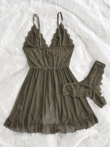 Sexy Solid Color Lace Camisole Nightgown With Matching Lace Panties
