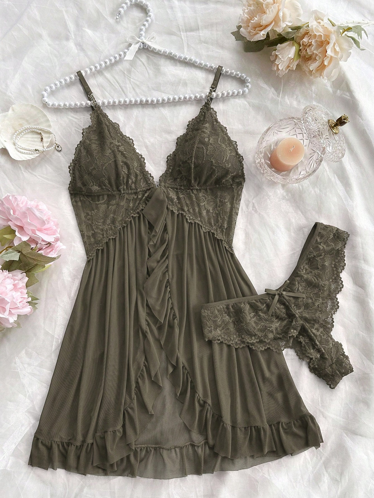 Sexy Solid Color Lace Camisole Nightgown With Matching Lace Panties