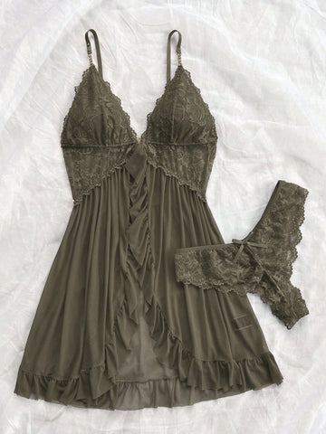Sexy Solid Color Lace Camisole Nightgown With Matching Lace Panties