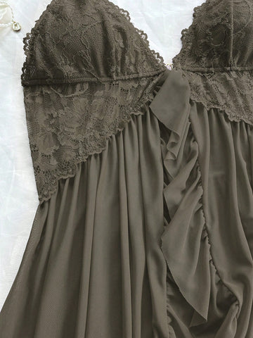 Sexy Solid Color Lace Camisole Nightgown With Matching Lace Panties