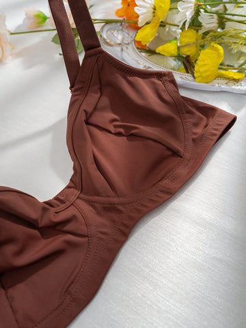 Women's Redwood Knitted Fabric Plain Backless Crop Casual Bralette Bra